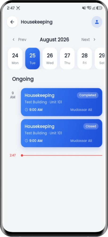 The staff app showing the jobs assigned to one person