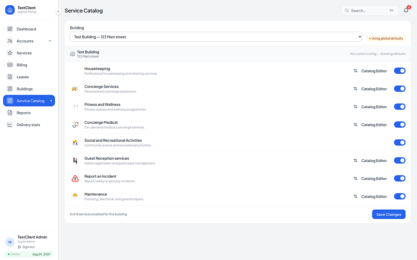 The catalog editor showing items, prices and discounts