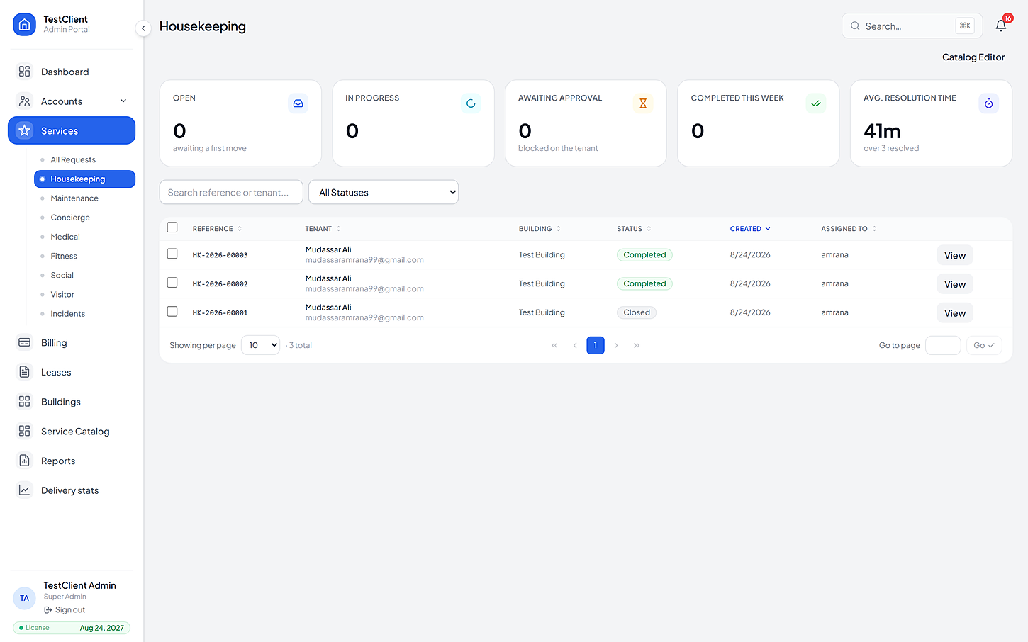 The housekeeping console showing recurring visits