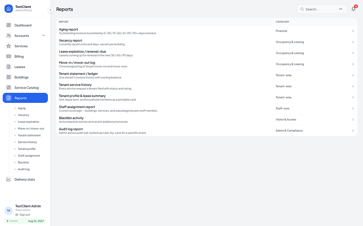 The reports screen showing portfolio figures