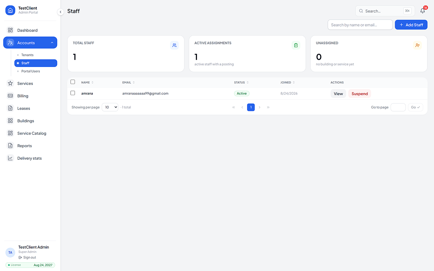 The staff screen showing per-building assignments